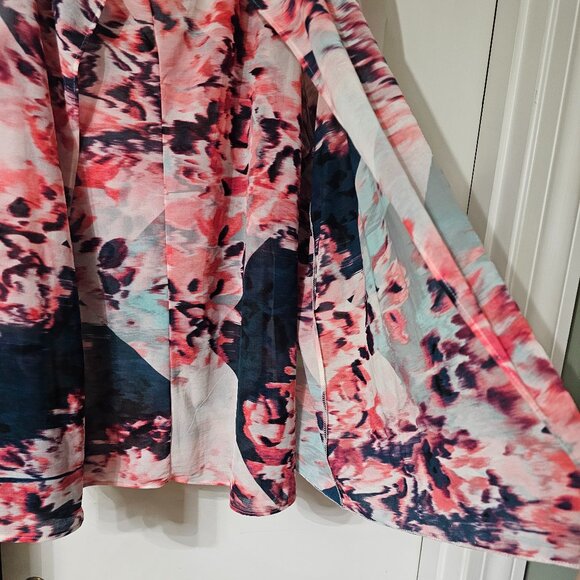 Jennifer Lopez Floral Watercolor V-Neck Blouse in Coral, Navy & Mint - Picture 4 of 14